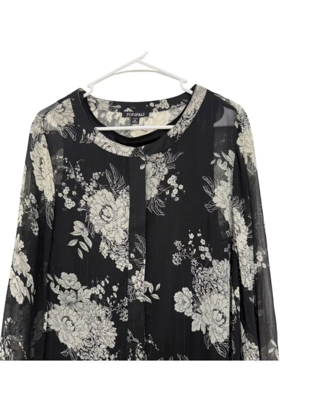 Roz & Ali Black Floral Metalic Sheer Tunic Blouse W/ Lined Tank Top Woman SZ 1X